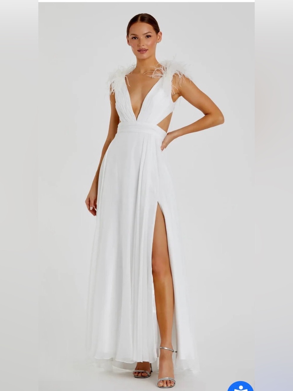 MAC DUGGAL Plunge Ostrich Feather A Line Gown white sz 8 (style 68113)